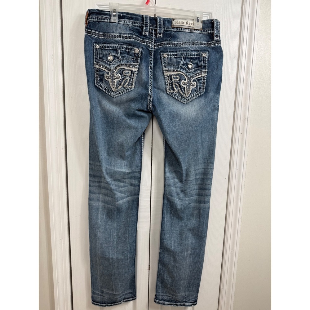 Rock Revival Sundee Easy Straight Jeans 31 Blue Y2K McBling Embellished Denim